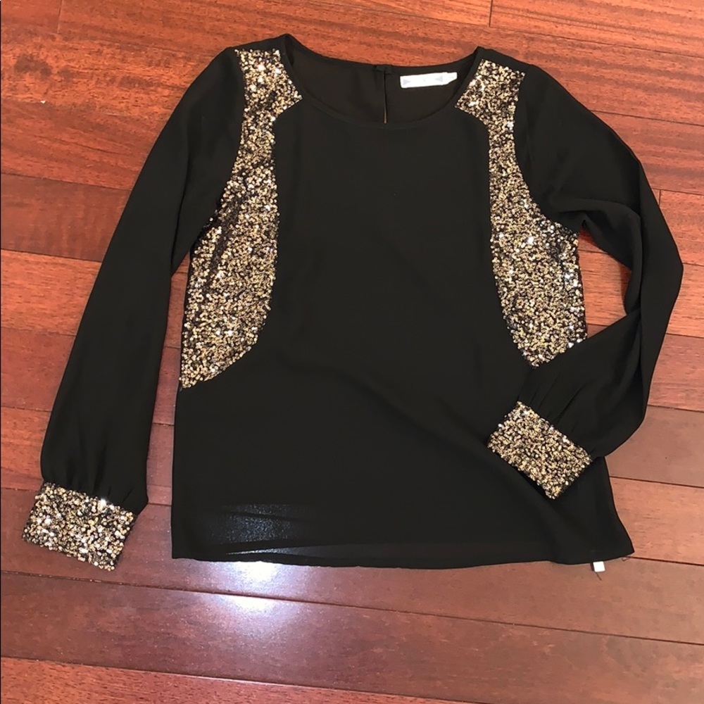 Sparkly Gold Sequin Detail Black Blouse